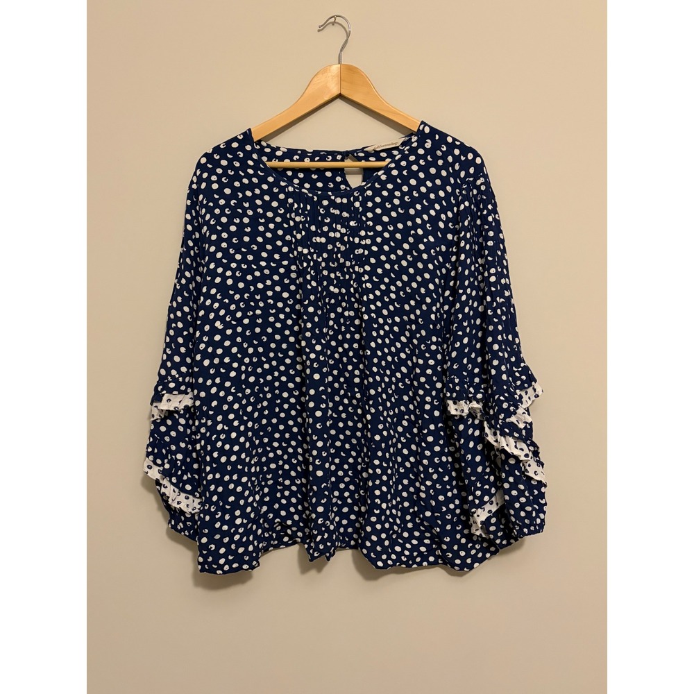 Soft Surroundings Navy Blue Polka Dot Ruffle Sleeve Blouse 1X 5DX01